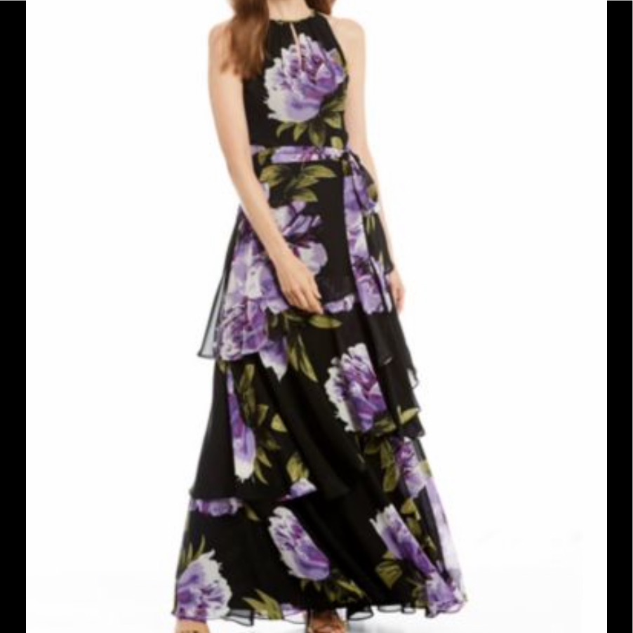 Alex Marie Rori Ruffle Tiered Chiffon Keyhole Gown